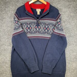 L.L. Bean Fair Isle Knit 1/4 Zip Sweater Mens Large Navy Blue Chunky Nordic